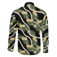 Hawaiian Pikake Maile Lei Family Matching Off Shoulder Short Dress and Hawaiian Shirt Tiare Hibiscus Kalo Palapalai Leaf Black