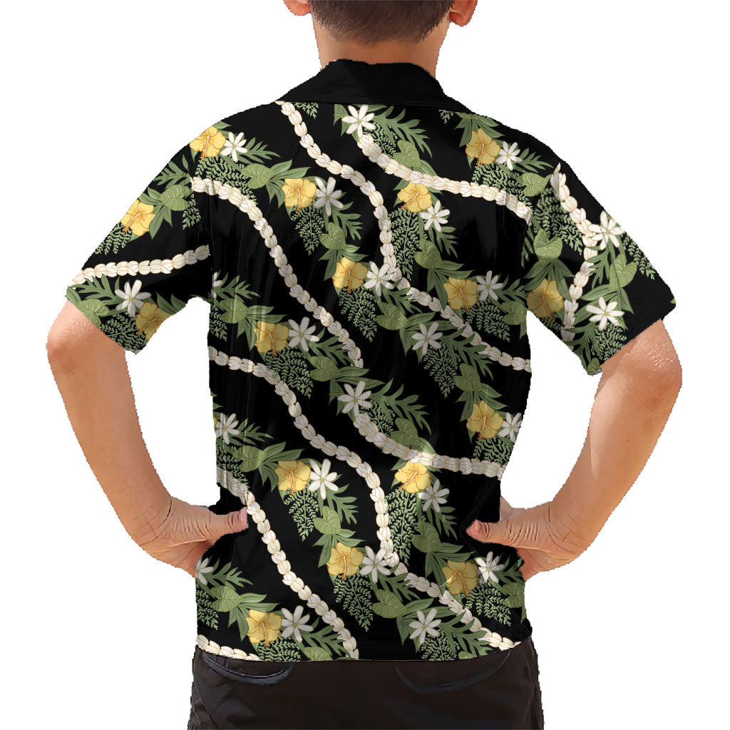 Hawaiian Pikake Maile Lei Family Matching Puletasi and Hawaiian Shirt Tiare Hibiscus Kalo Palapalai Leaf Black