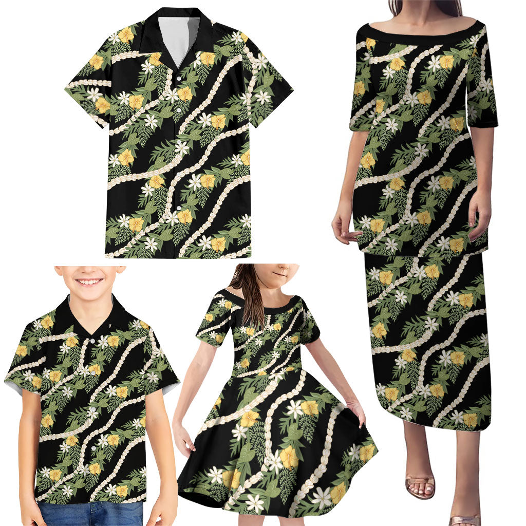 Hawaiian Pikake Maile Lei Family Matching Puletasi and Hawaiian Shirt Tiare Hibiscus Kalo Palapalai Leaf Black LT19 - Polynesian Pride
