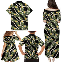 Hawaiian Pikake Maile Lei Family Matching Puletasi and Hawaiian Shirt Tiare Hibiscus Kalo Palapalai Leaf Black