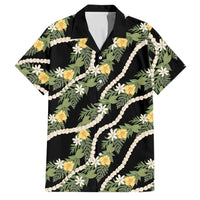 Hawaiian Pikake Maile Lei Family Matching Puletasi and Hawaiian Shirt Tiare Hibiscus Kalo Palapalai Leaf Black