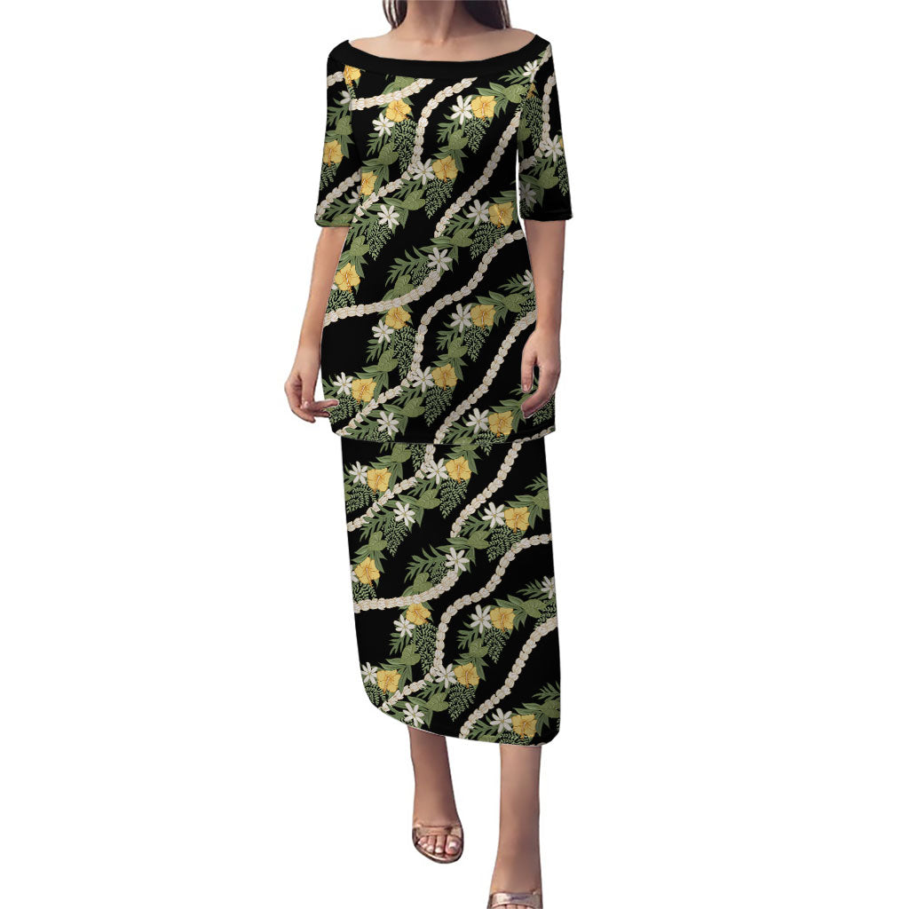 Hawaiian Pikake Maile Lei Family Matching Puletasi and Hawaiian Shirt Tiare Hibiscus Kalo Palapalai Leaf Black