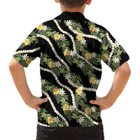 Hawaiian Pikake Maile Lei Family Matching Short Sleeve Bodycon Dress and Hawaiian Shirt Tiare Hibiscus Kalo Palapalai Leaf Black