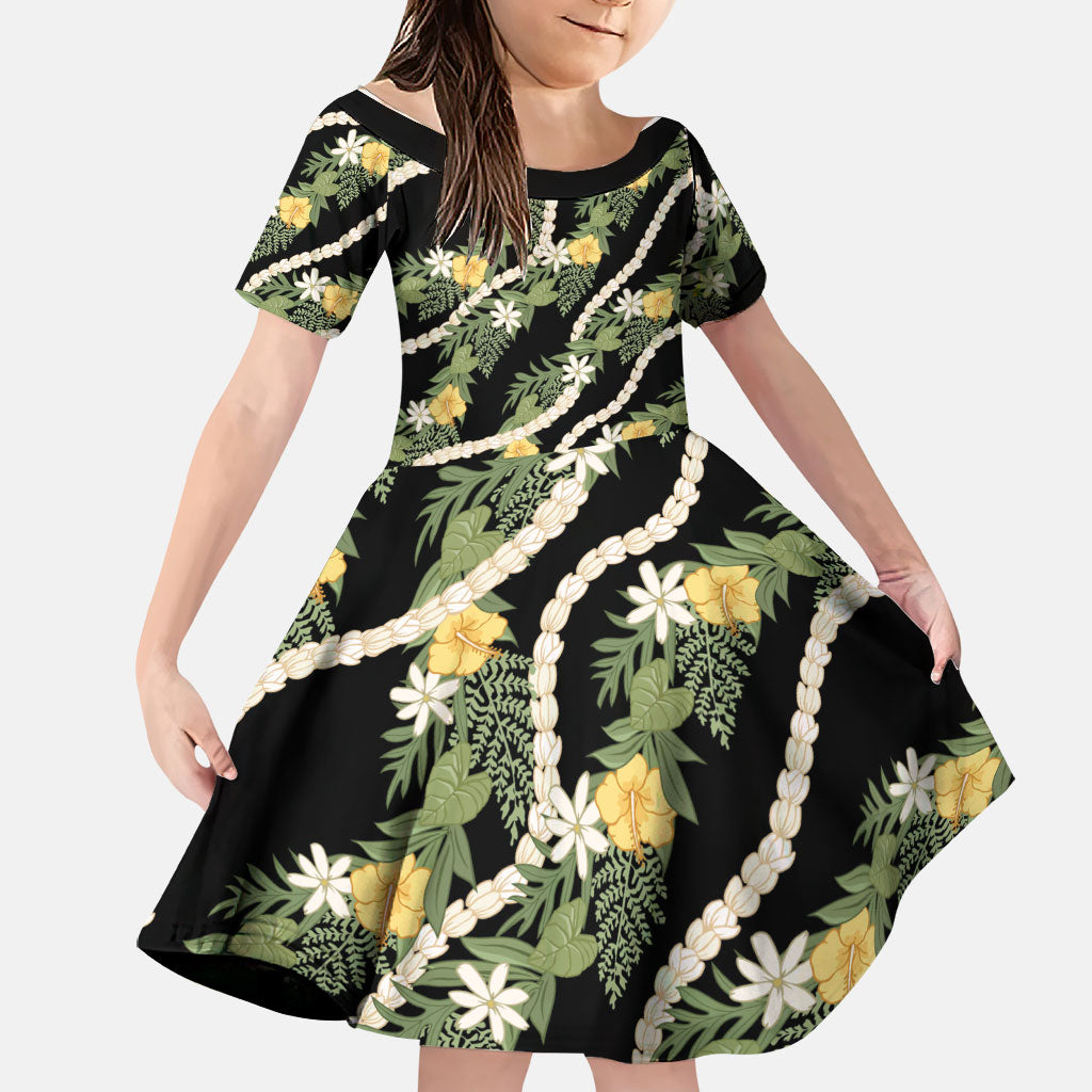 Hawaiian Pikake Maile Lei Family Matching Short Sleeve Bodycon Dress and Hawaiian Shirt Tiare Hibiscus Kalo Palapalai Leaf Black