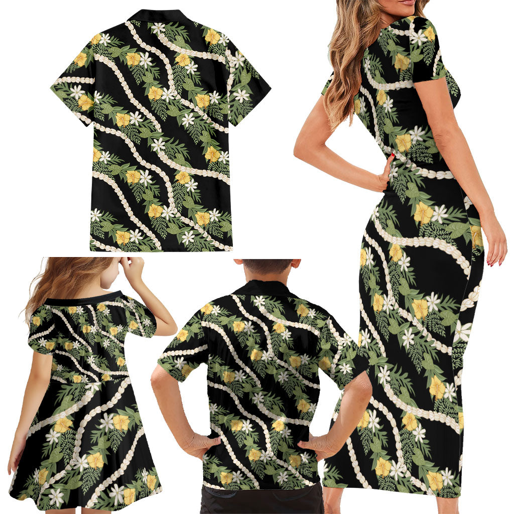 Hawaiian Pikake Maile Lei Family Matching Short Sleeve Bodycon Dress and Hawaiian Shirt Tiare Hibiscus Kalo Palapalai Leaf Black