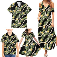 Hawaiian Pikake Maile Lei Family Matching Summer Maxi Dress and Hawaiian Shirt Tiare Hibiscus Kalo Palapalai Leaf Black
