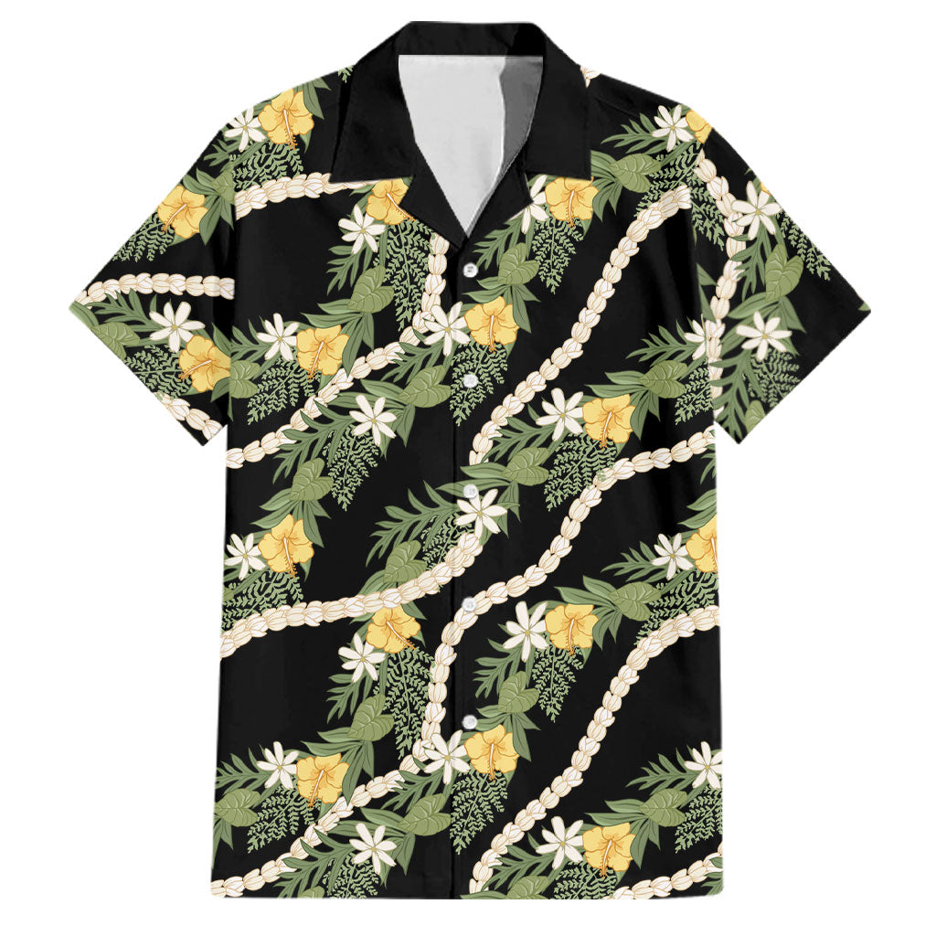 Hawaiian Pikake Maile Lei Family Matching Summer Maxi Dress and Hawaiian Shirt Tiare Hibiscus Kalo Palapalai Leaf Black