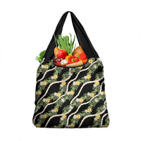 Hawaiian Pikake Maile Lei Grocery Bag Tiare Hibiscus Kalo Palapalai Leaf Black