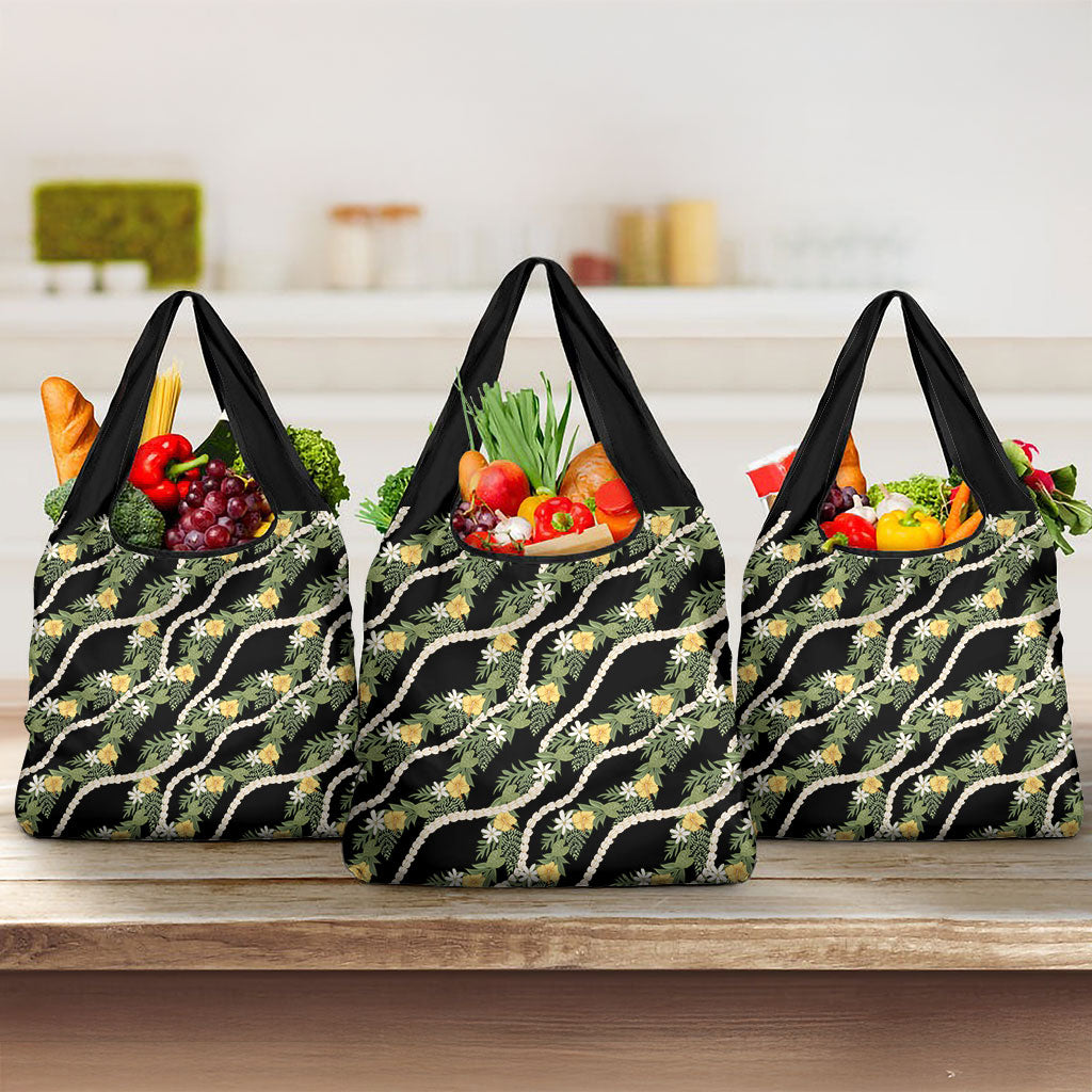 Hawaiian Pikake Maile Lei Grocery Bag Tiare Hibiscus Kalo Palapalai Leaf Black
