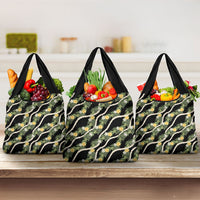 Hawaiian Pikake Maile Lei Grocery Bag Tiare Hibiscus Kalo Palapalai Leaf Black