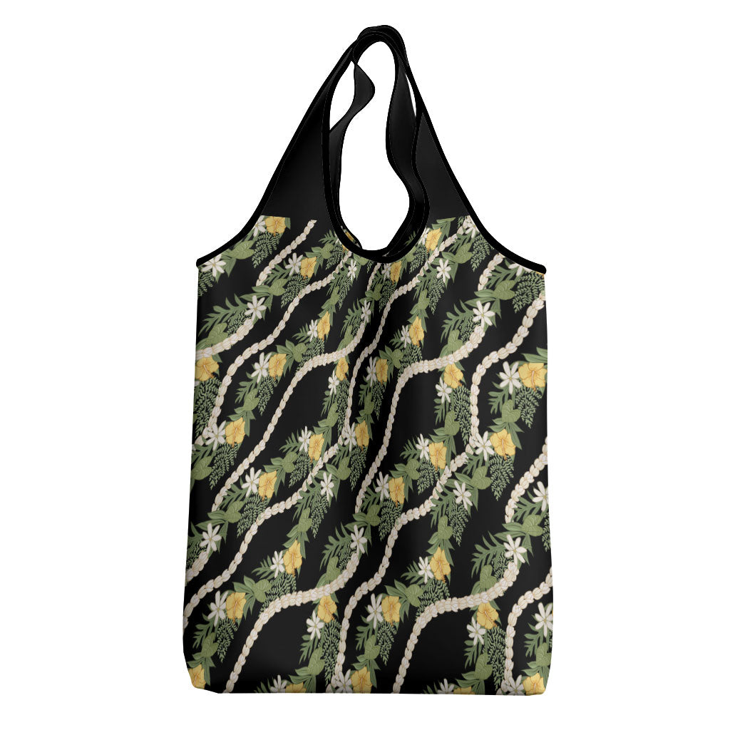 Hawaiian Pikake Maile Lei Grocery Bag Tiare Hibiscus Kalo Palapalai Leaf Black