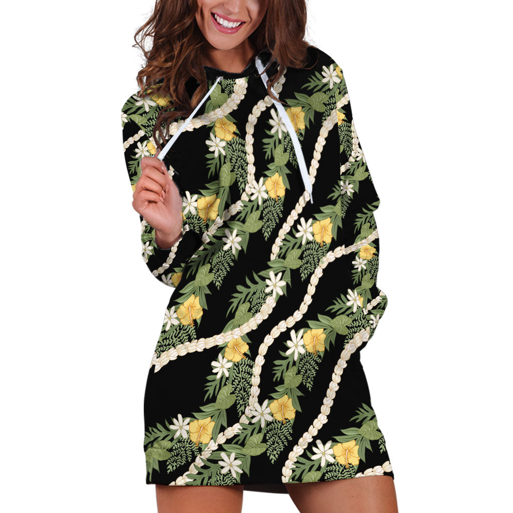 Hawaiian Pikake Maile Lei Hoodie Dress Tiare Hibiscus Kalo Palapalai Leaf Black LT19 Black - Polynesian Pride