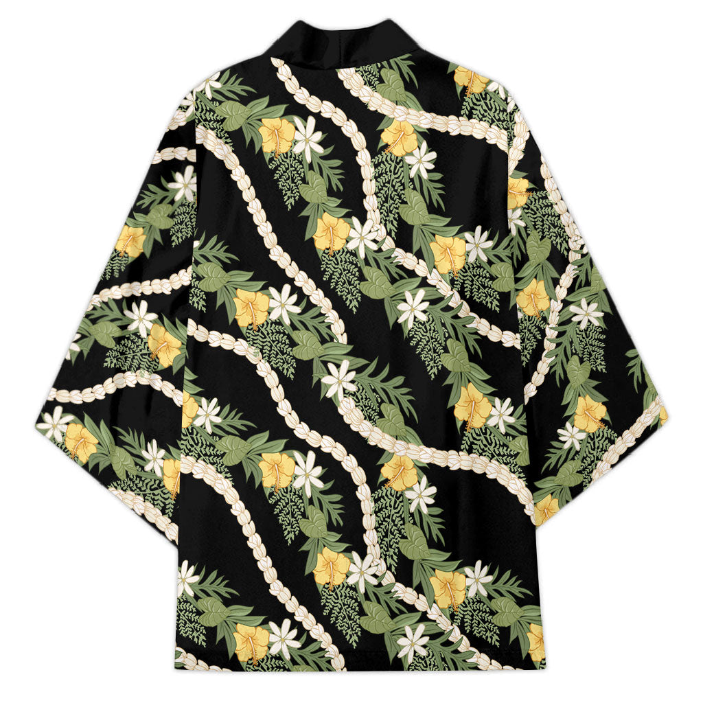 Hawaiian Pikake Maile Lei Kimono Tiare Hibiscus Kalo Palapalai Leaf Black LT19 - Polynesian Pride