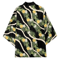 Hawaiian Pikake Maile Lei Kimono Tiare Hibiscus Kalo Palapalai Leaf Black LT19 - Polynesian Pride