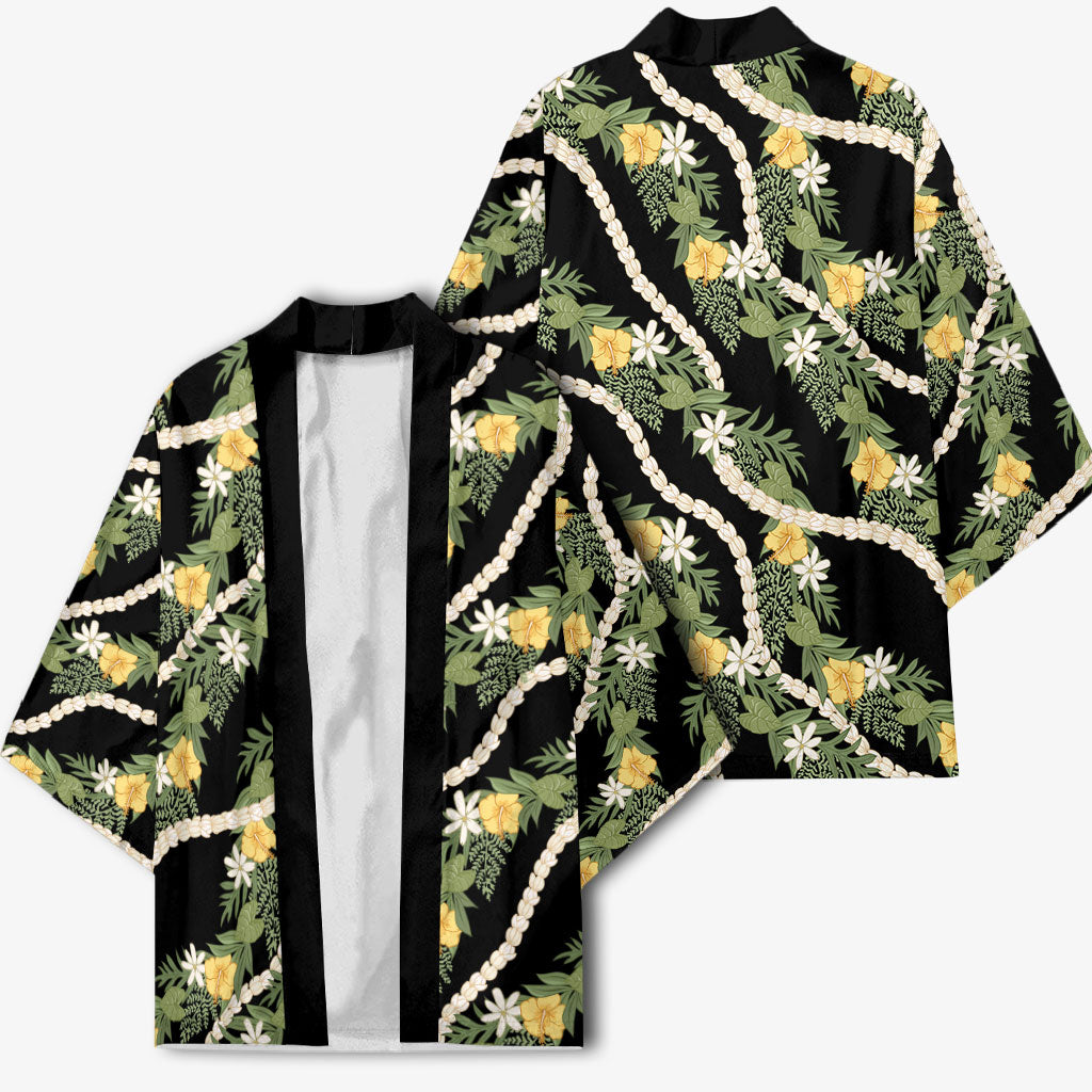 Hawaiian Pikake Maile Lei Kimono Tiare Hibiscus Kalo Palapalai Leaf Black LT19 - Polynesian Pride