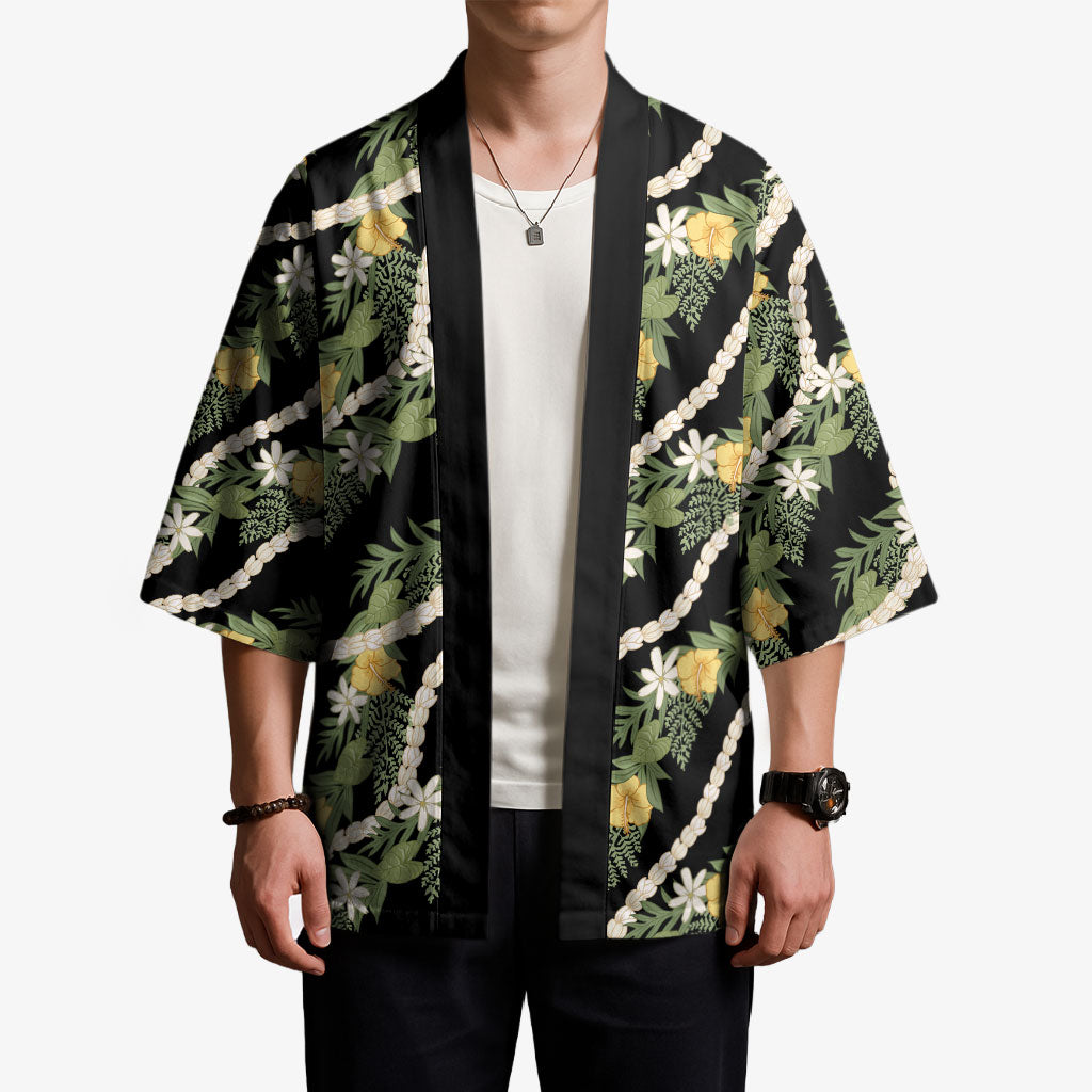 Hawaiian Pikake Maile Lei Kimono Tiare Hibiscus Kalo Palapalai Leaf Black LT19 - Polynesian Pride