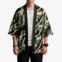 Hawaiian Pikake Maile Lei Kimono Tiare Hibiscus Kalo Palapalai Leaf Black LT19 - Polynesian Pride