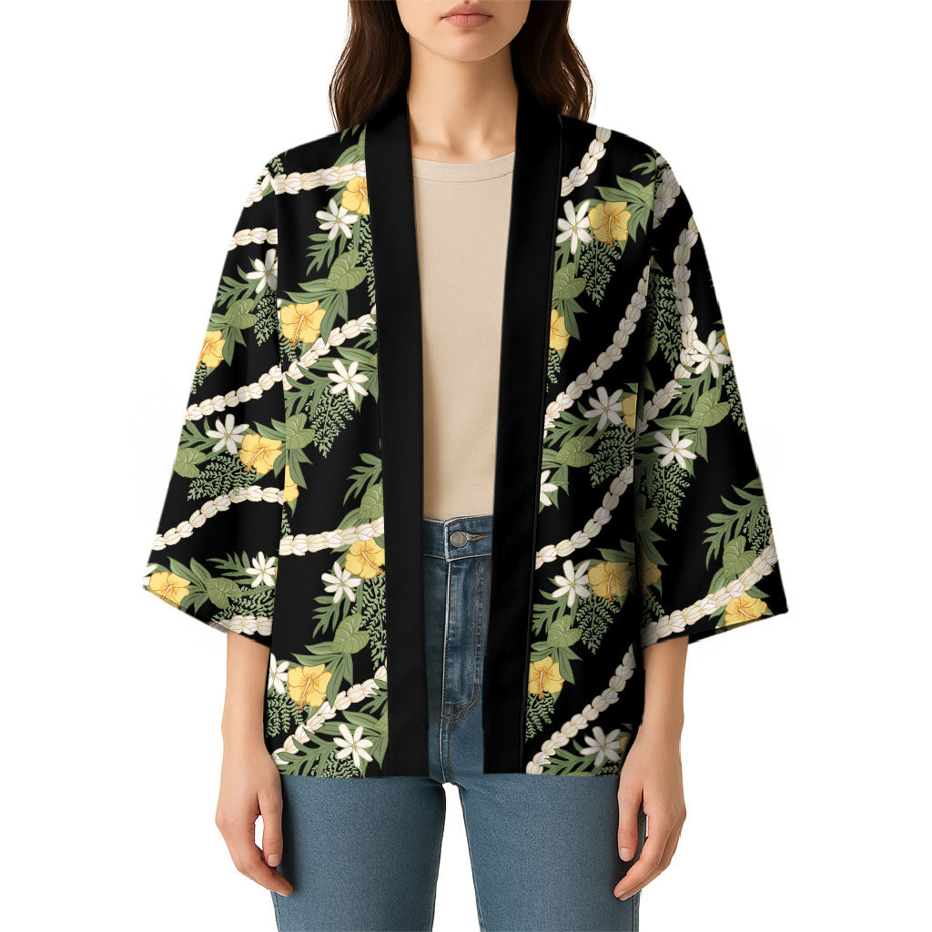 Hawaiian Pikake Maile Lei Kimono Tiare Hibiscus Kalo Palapalai Leaf Black LT19 - Polynesian Pride