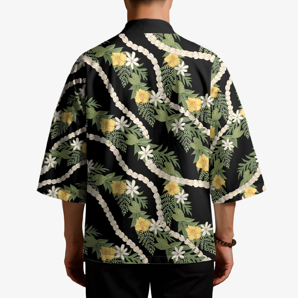 Hawaiian Pikake Maile Lei Kimono Tiare Hibiscus Kalo Palapalai Leaf Black LT19 - Polynesian Pride