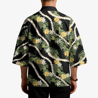 Hawaiian Pikake Maile Lei Kimono Tiare Hibiscus Kalo Palapalai Leaf Black LT19 - Polynesian Pride