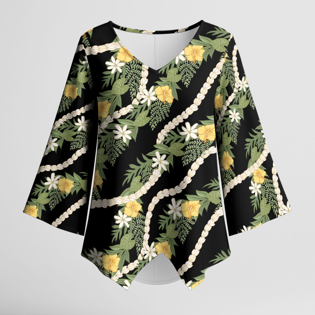 Hawaiian Pikake Maile Lei Kimono Sleeve Blouse Tiare Hibiscus Kalo Palapalai Leaf Black LT19 Female Black - Polynesian Pride