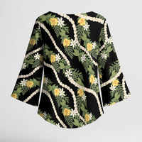 Hawaiian Pikake Maile Lei Kimono Sleeve Blouse Tiare Hibiscus Kalo Palapalai Leaf Black LT19 - Polynesian Pride