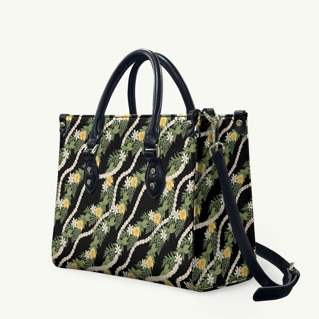 Hawaiian Pikake Maile Lei Leather Bag Tiare Hibiscus Kalo Palapalai Leaf Black