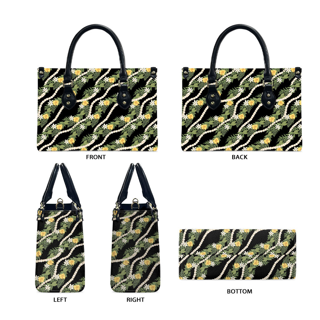 Hawaiian Pikake Maile Lei Leather Bag Tiare Hibiscus Kalo Palapalai Leaf Black