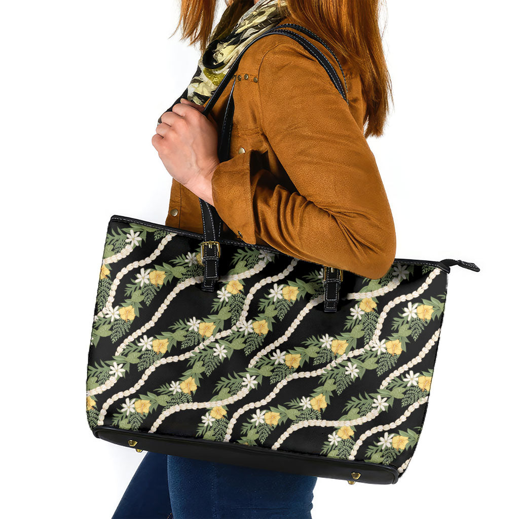 Hawaiian Pikake Maile Lei Leather Tote Bag Tiare Hibiscus Kalo Palapalai Leaf Black LT19 Black - Polynesian Pride