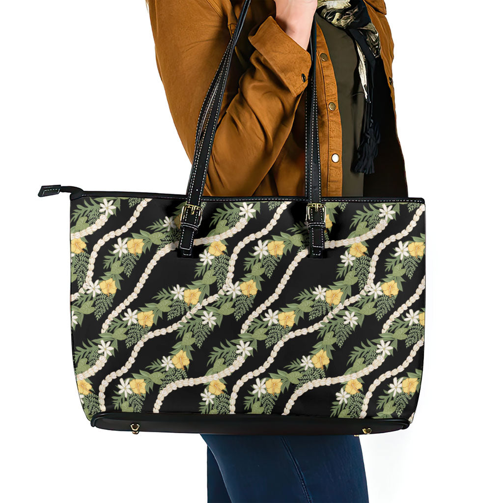 Hawaiian Pikake Maile Lei Leather Tote Bag Tiare Hibiscus Kalo Palapalai Leaf Black LT19 - Polynesian Pride