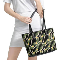 Hawaiian Pikake Maile Lei Leather Tote Bag Tiare Hibiscus Kalo Palapalai Leaf Black LT19 - Polynesian Pride