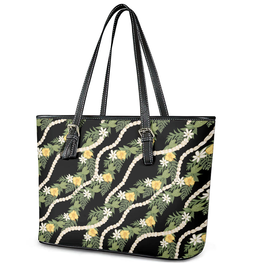 Hawaiian Pikake Maile Lei Leather Tote Bag Tiare Hibiscus Kalo Palapalai Leaf Black LT19 - Polynesian Pride