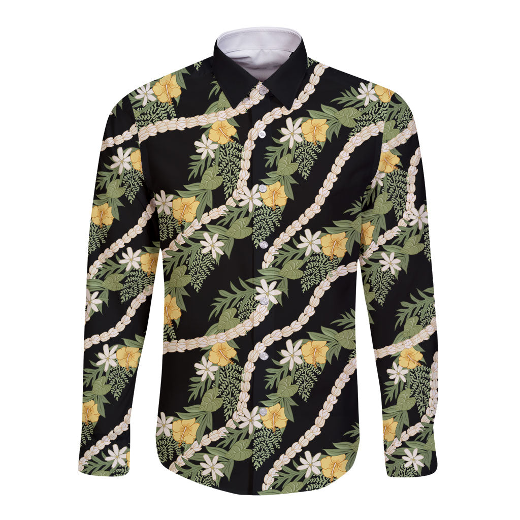 Hawaiian Pikake Maile Lei Long Sleeve Button Shirt Tiare Hibiscus Kalo Palapalai Leaf Black LT19 Unisex Black - Polynesian Pride