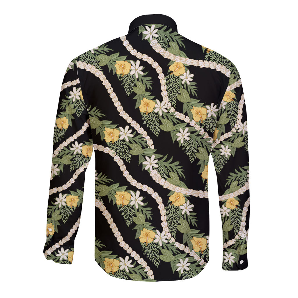 Hawaiian Pikake Maile Lei Long Sleeve Button Shirt Tiare Hibiscus Kalo Palapalai Leaf Black LT19 - Polynesian Pride