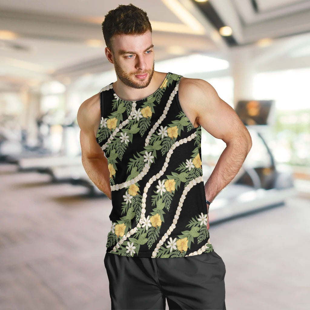 Hawaiian Pikake Maile Lei Men Tank Top Tiare Hibiscus Kalo Palapalai Leaf Black LT19 Black - Polynesian Pride