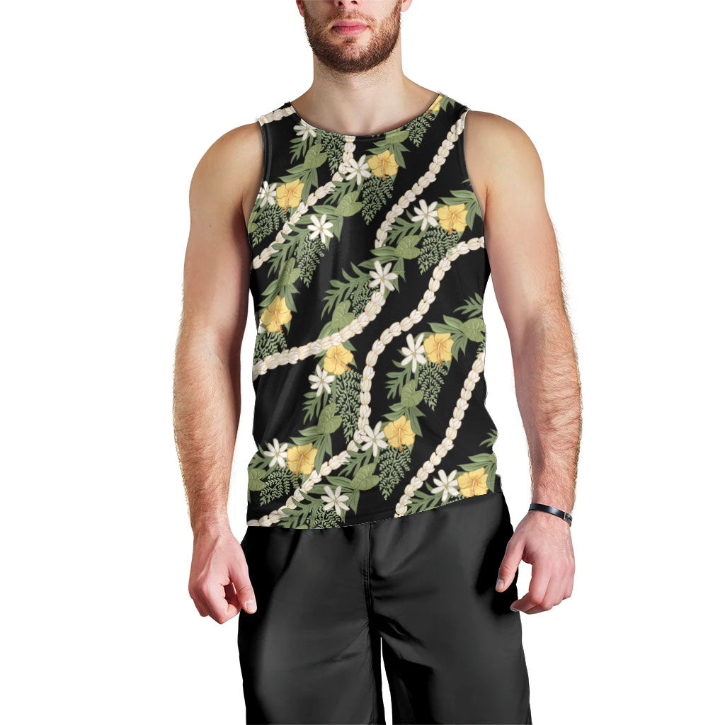 Hawaiian Pikake Maile Lei Men Tank Top Tiare Hibiscus Kalo Palapalai Leaf Black LT19 - Polynesian Pride