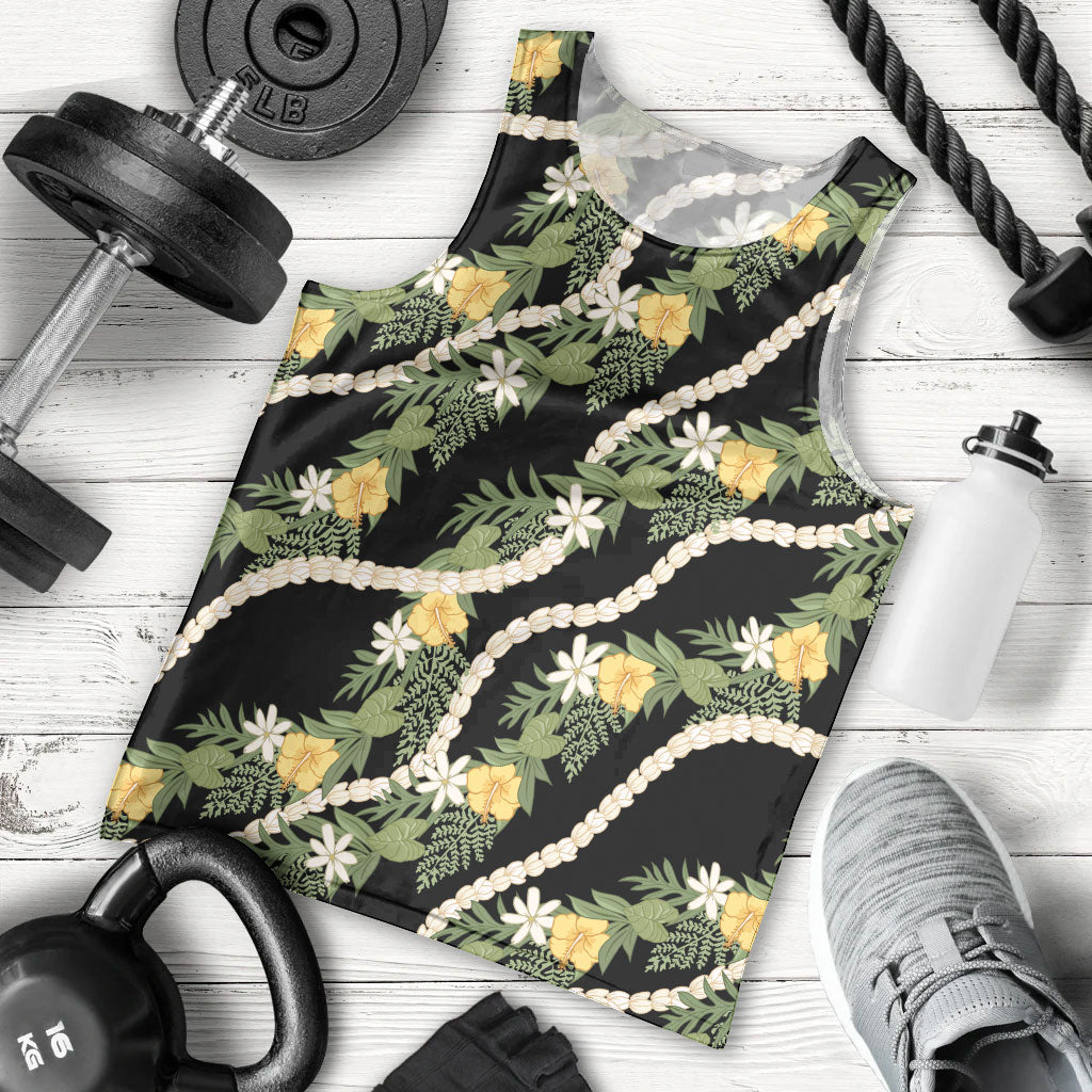 Hawaiian Pikake Maile Lei Men Tank Top Tiare Hibiscus Kalo Palapalai Leaf Black LT19 - Polynesian Pride