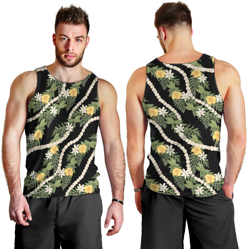 Hawaiian Pikake Maile Lei Men Tank Top Tiare Hibiscus Kalo Palapalai Leaf Black LT19 - Polynesian Pride