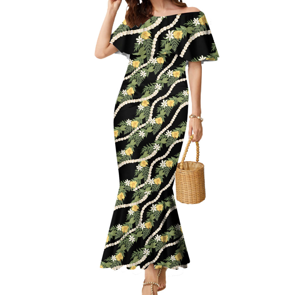 Hawaiian Pikake Maile Lei Mermaid Dress Tiare Hibiscus Kalo Palapalai Leaf Black LT19 Women Black - Polynesian Pride
