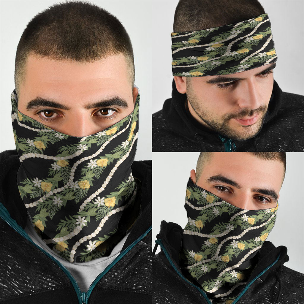 Hawaiian Pikake Maile Lei Neck Gaiter Tiare Hibiscus Kalo Palapalai Leaf Black LT19 - Polynesian Pride
