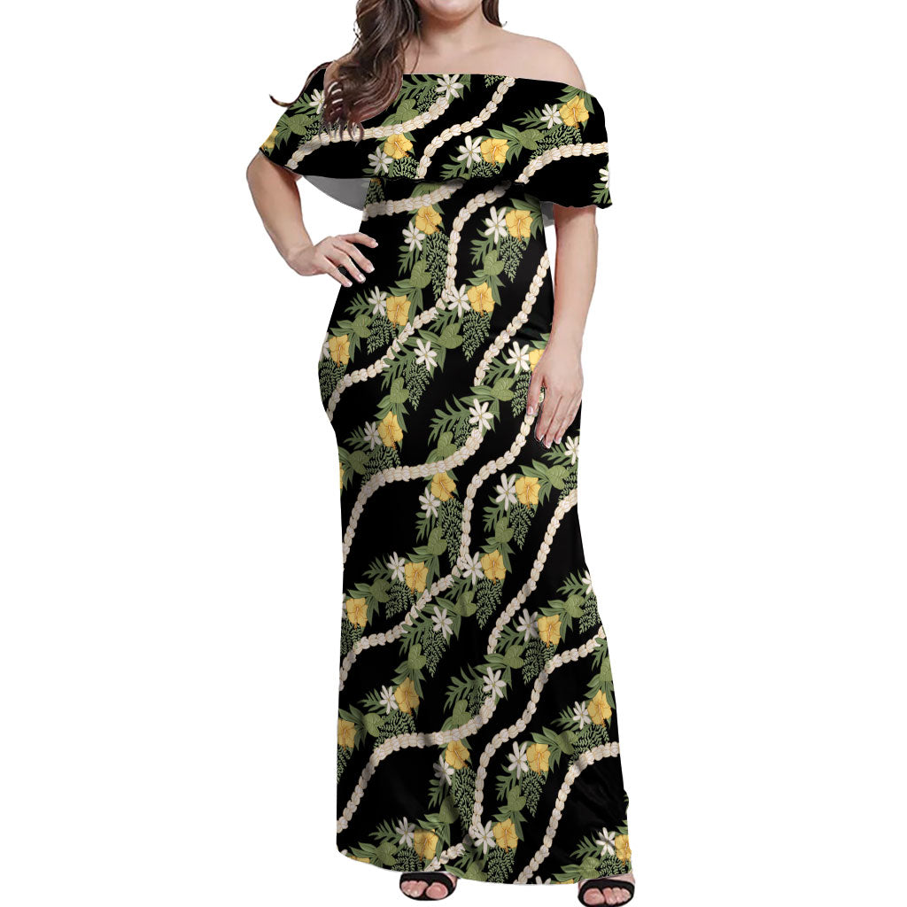 Hawaiian Pikake Maile Lei Off Shoulder Maxi Dress Tiare Hibiscus Kalo Palapalai Leaf Black LT19 Women Black - Polynesian Pride
