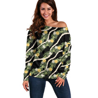 Hawaiian Pikake Maile Lei Off Shoulder Sweater Tiare Hibiscus Kalo Palapalai Leaf Black LT19 Women Black - Polynesian Pride