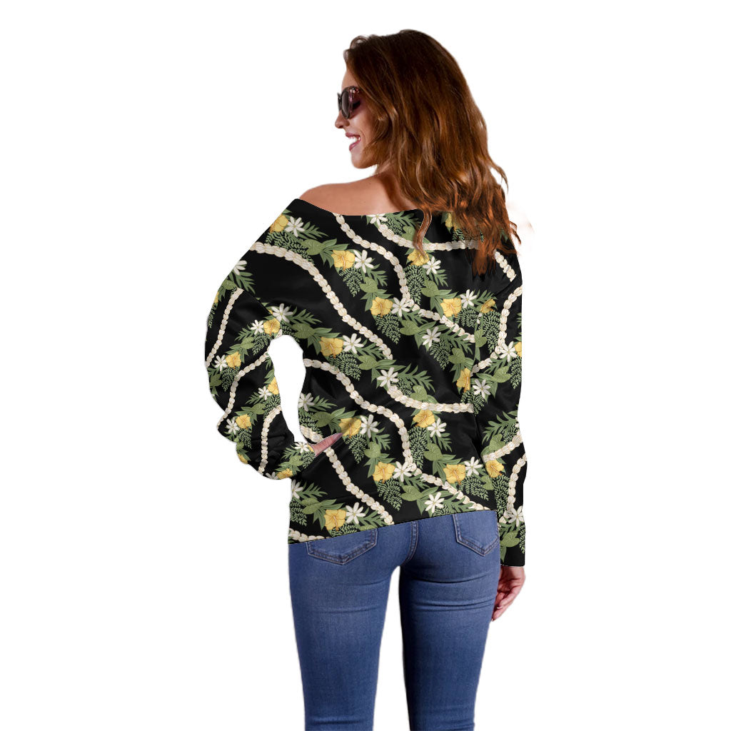 Hawaiian Pikake Maile Lei Off Shoulder Sweater Tiare Hibiscus Kalo Palapalai Leaf Black LT19 - Polynesian Pride