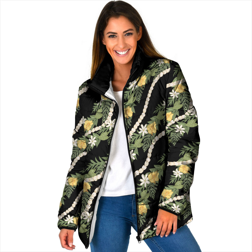 Hawaiian Pikake Maile Lei Padded Jacket Tiare Hibiscus Kalo Palapalai Leaf Black LT19 Women Black - Polynesian Pride