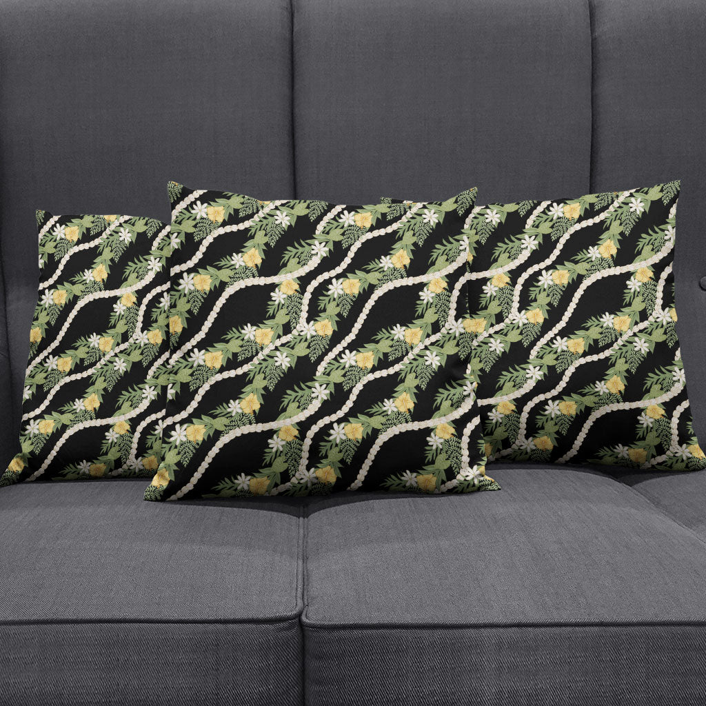 Hawaiian Pikake Maile Lei Pillow Cover Tiare Hibiscus Kalo Palapalai Leaf Black LT19 - Polynesian Pride