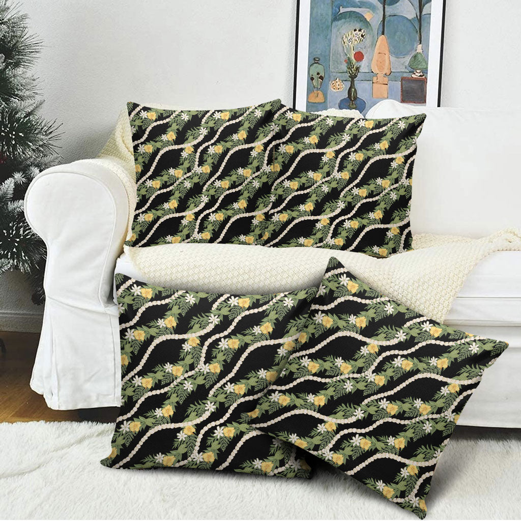 Hawaiian Pikake Maile Lei Pillow Cover Tiare Hibiscus Kalo Palapalai Leaf Black LT19 - Polynesian Pride