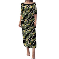 Hawaiian Pikake Maile Lei Puletasi Tiare Hibiscus Kalo Palapalai Leaf Black LT19 Long Dress Black - Polynesian Pride