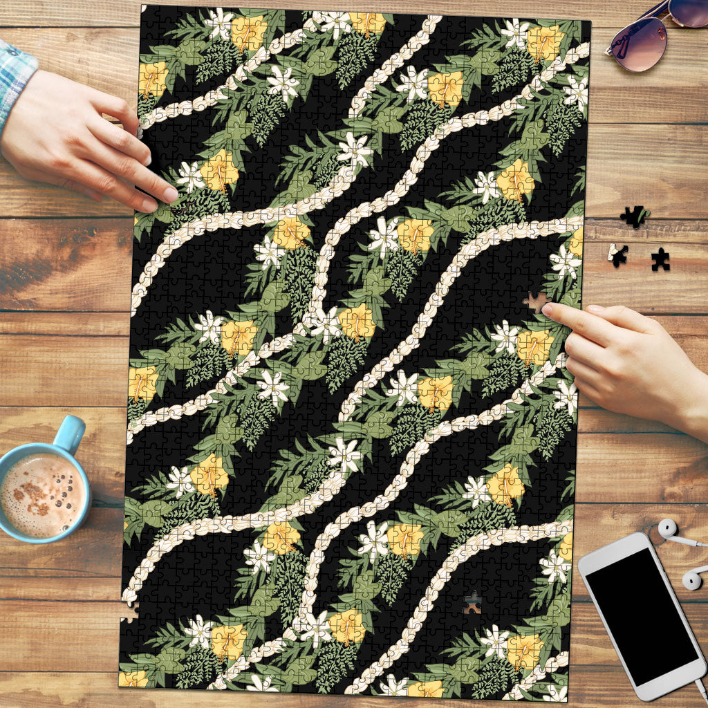 Hawaiian Pikake Maile Lei Puzzle Tiare Hibiscus Kalo Palapalai Leaf Black LT19 Black - Polynesian Pride
