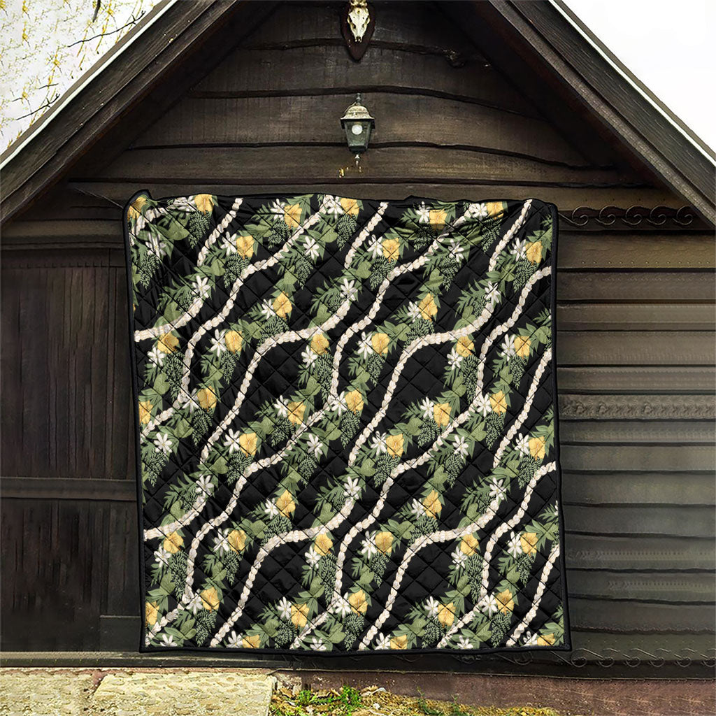 Hawaiian Pikake Maile Lei Quilt Tiare Hibiscus Kalo Palapalai Leaf Black