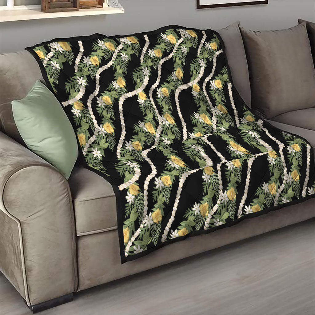 Hawaiian Pikake Maile Lei Quilt Tiare Hibiscus Kalo Palapalai Leaf Black